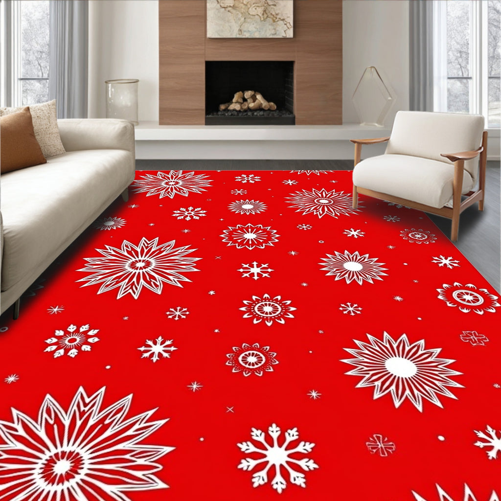 Crimson White Snowflake Scattered Rug