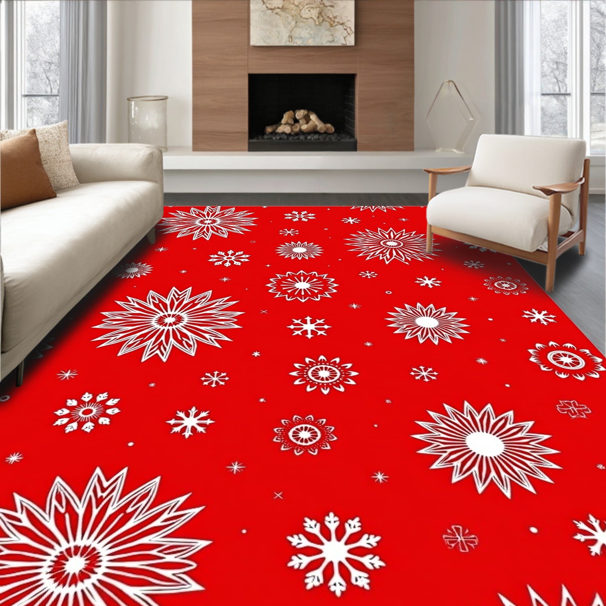 Crimson White Snowflake Scattered Rug