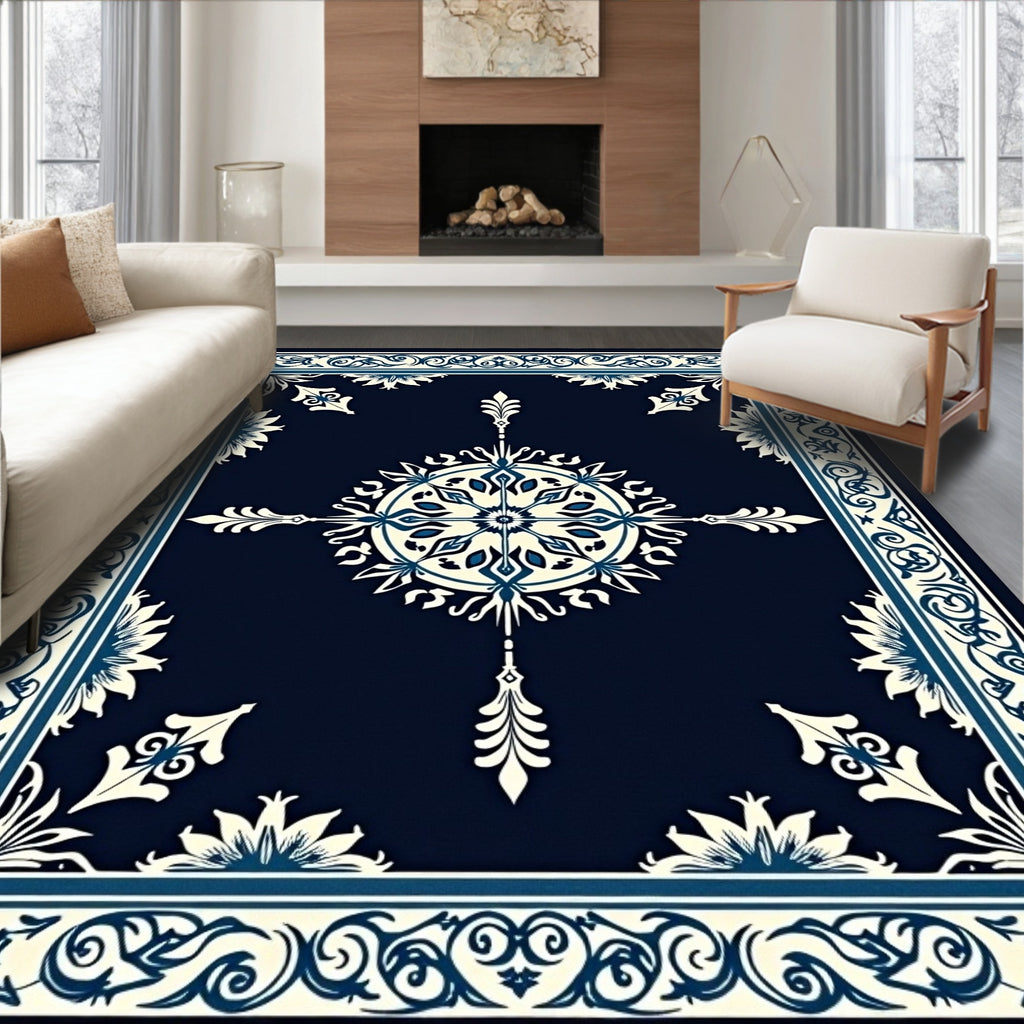 Elegant Blue Floral Medallion Pattern Rug