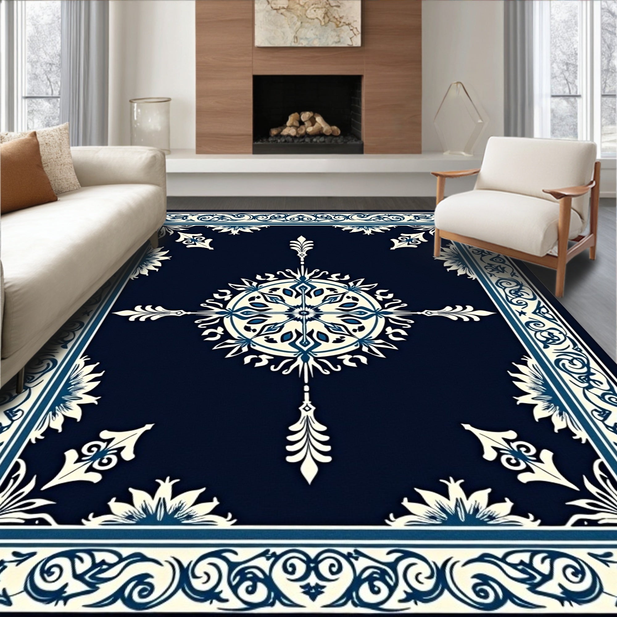 Elegant Blue Floral Medallion Pattern Rug
