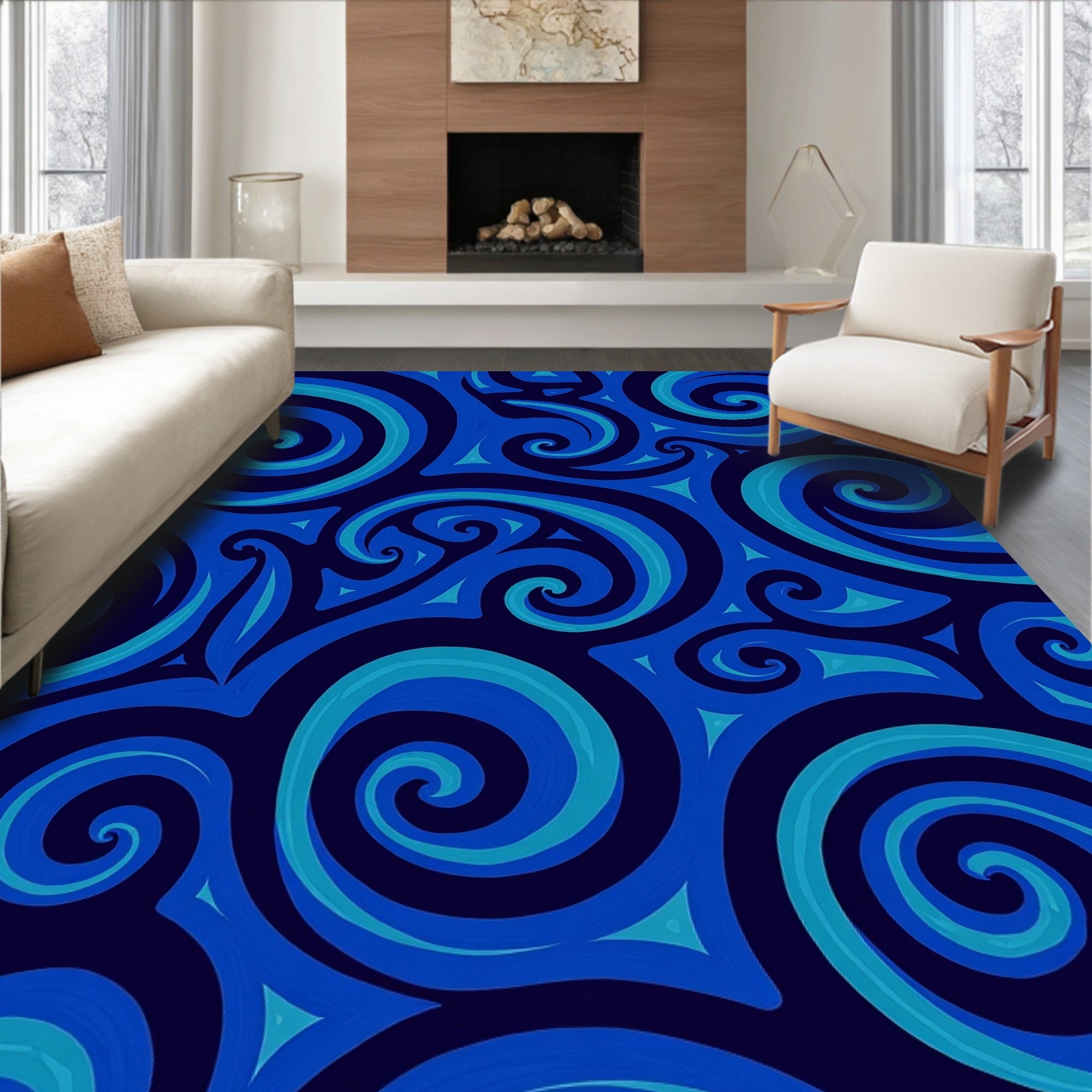 Deep Blue Swirl Pattern Rug