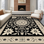Black Cream Floral Medallion Pattern Rug
