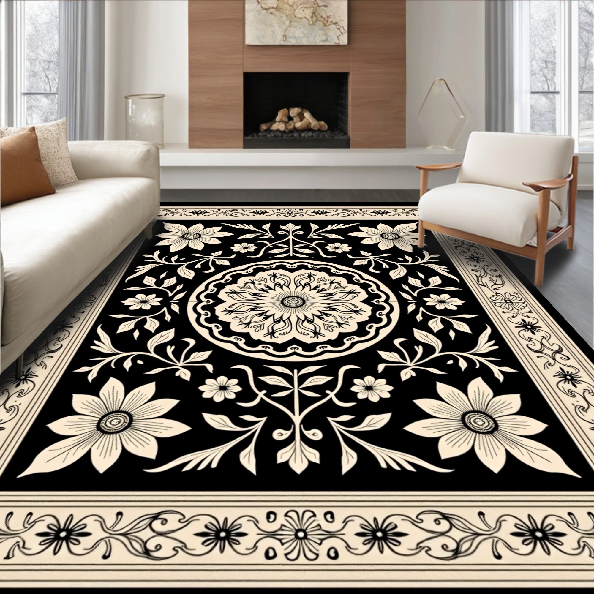 Black Cream Floral Medallion Pattern Rug