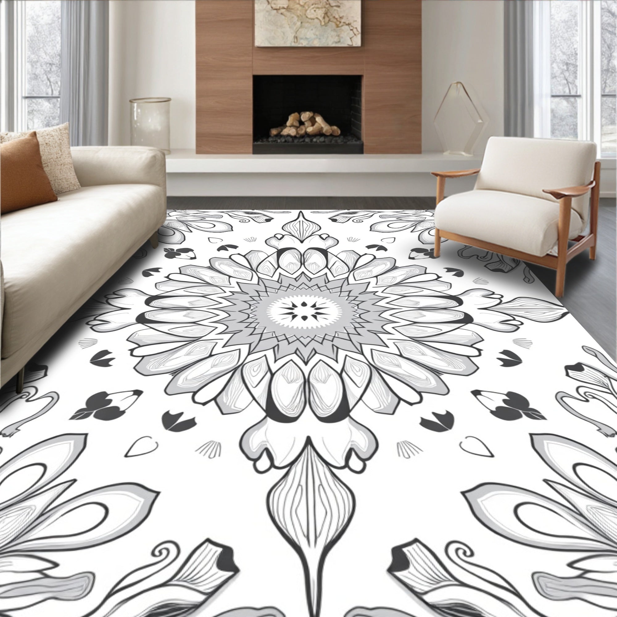 Monochromatic Symmetry Floral Design Rug