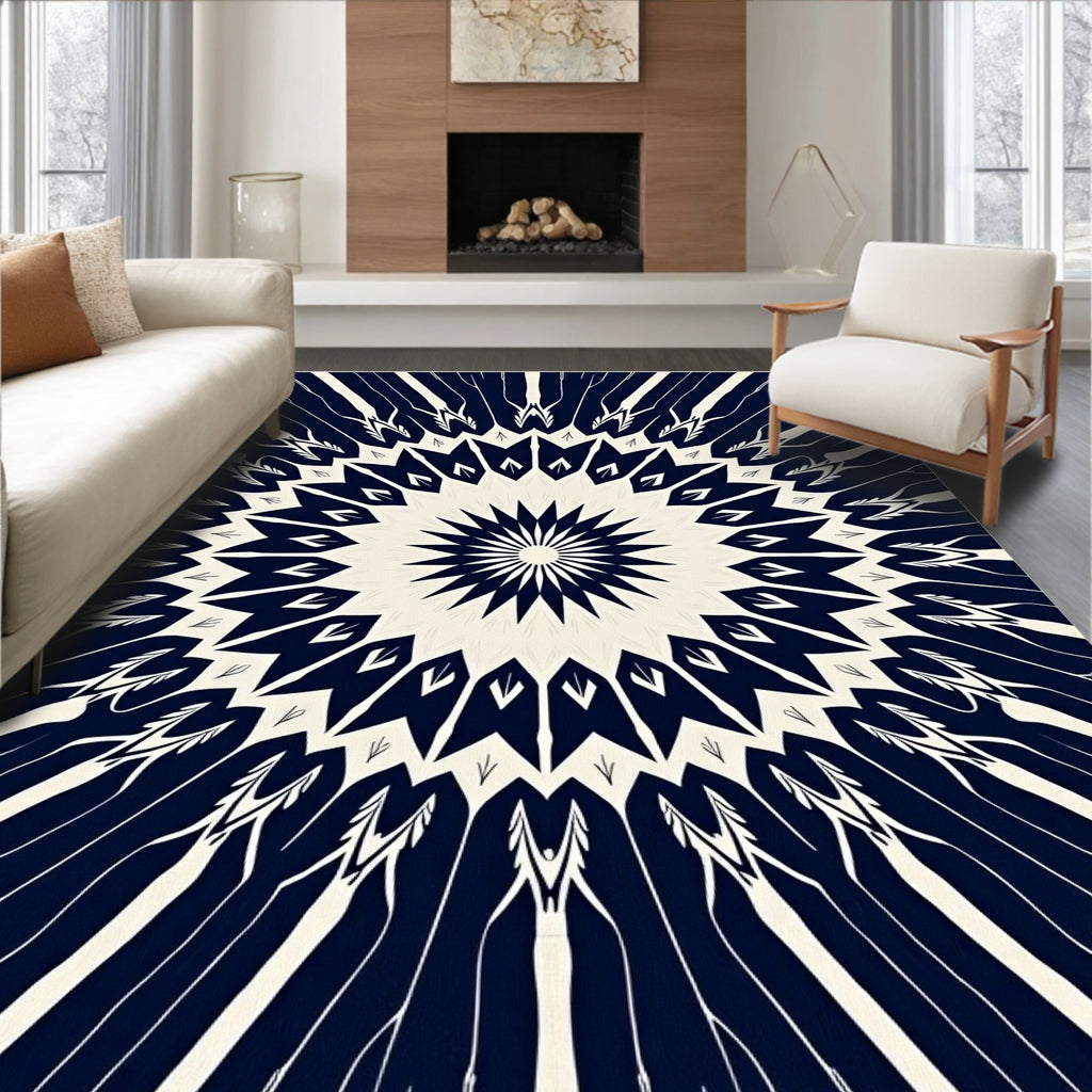 Striking Navy White Starburst Mandala Rug