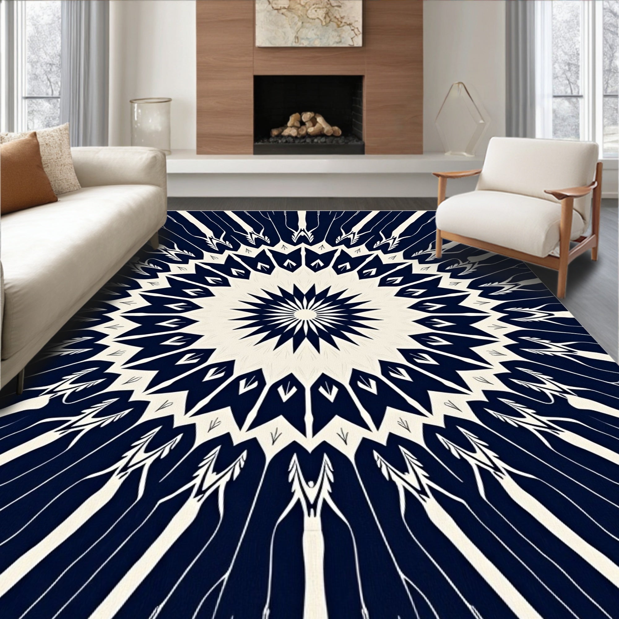 Striking Navy White Starburst Mandala Rug