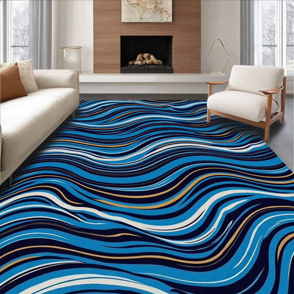 Abstract Blue Gold Wave Pattern Rug