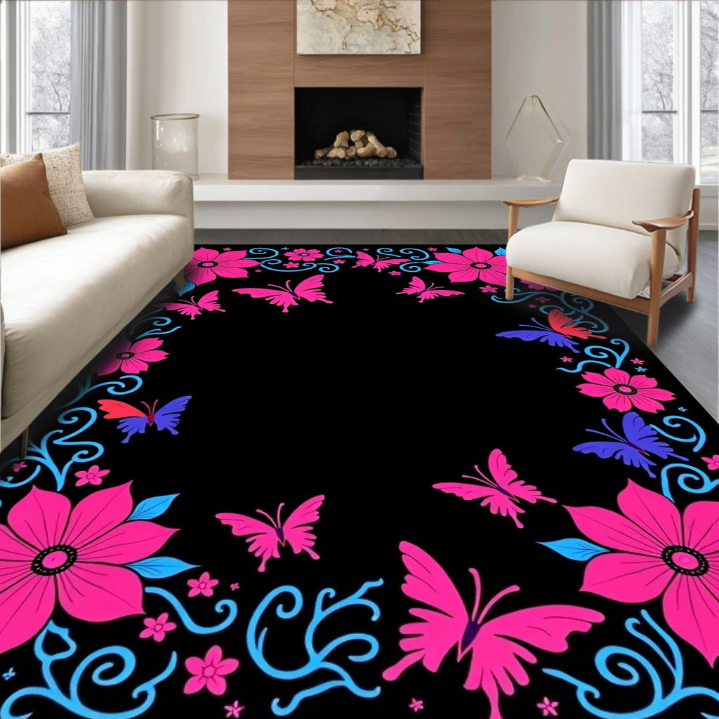 Vibrant Pink Blue Butterfly Floral Border Rug