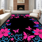 Vibrant Pink Blue Butterfly Floral Border Rug