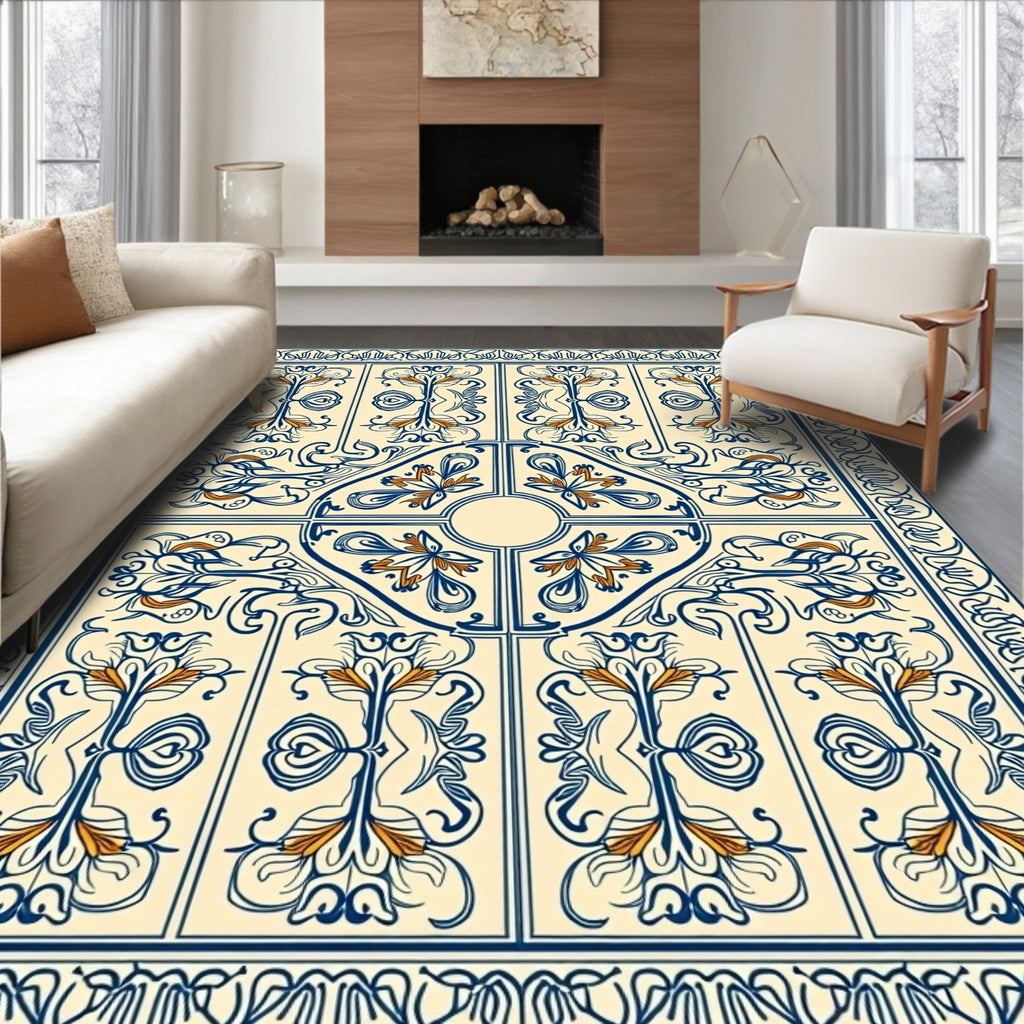 Ornate Blue Floral Medallion Tapestry Rug