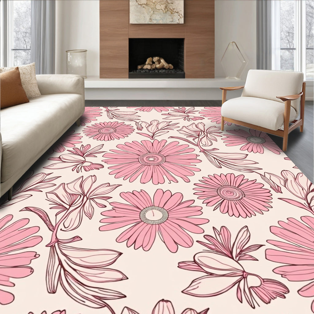 Pink Floral Outline Pattern Rug