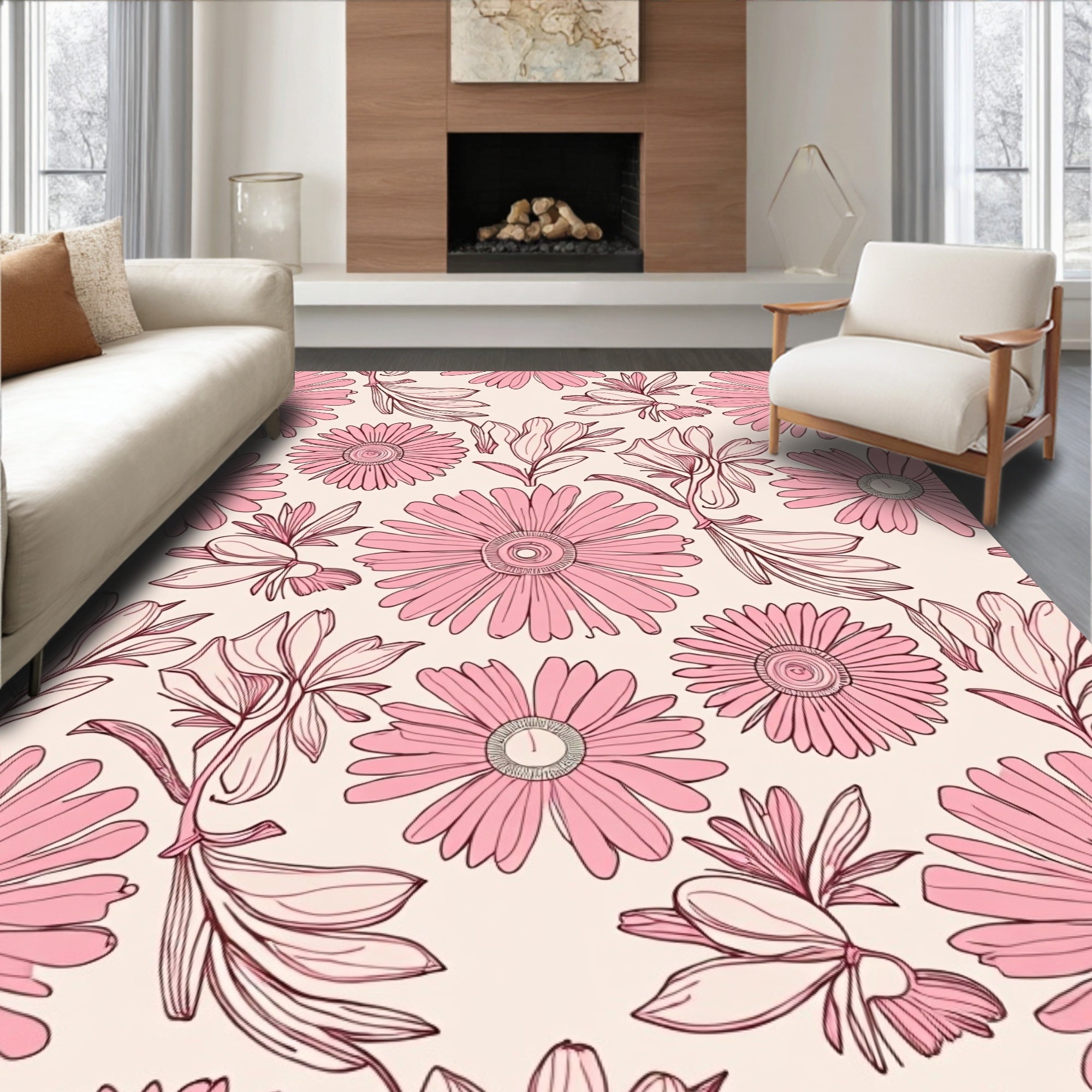 Pink Floral Outline Pattern Rug