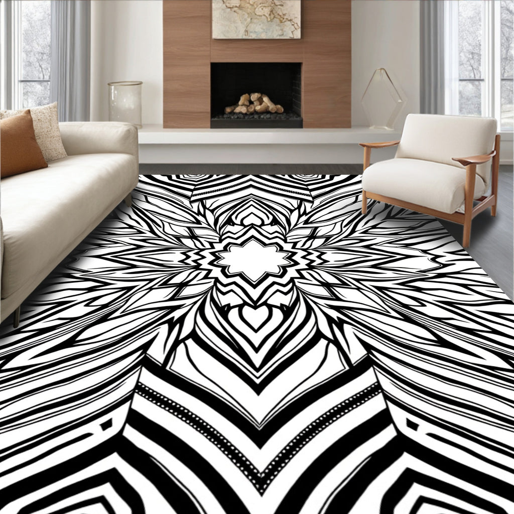 Abstract Black White Floral Design Rug