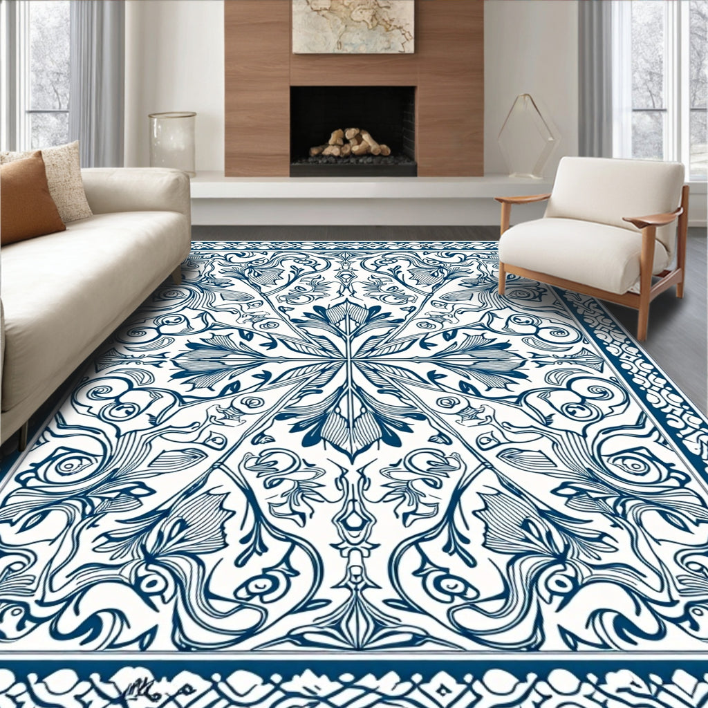 Intricate Blue Floral Patterned Art Deco Rug