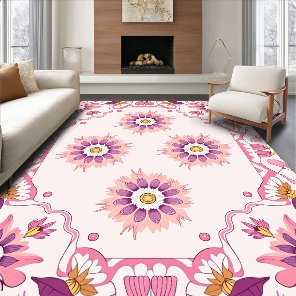 Whimsical Pink Floral Medallion Design Rug