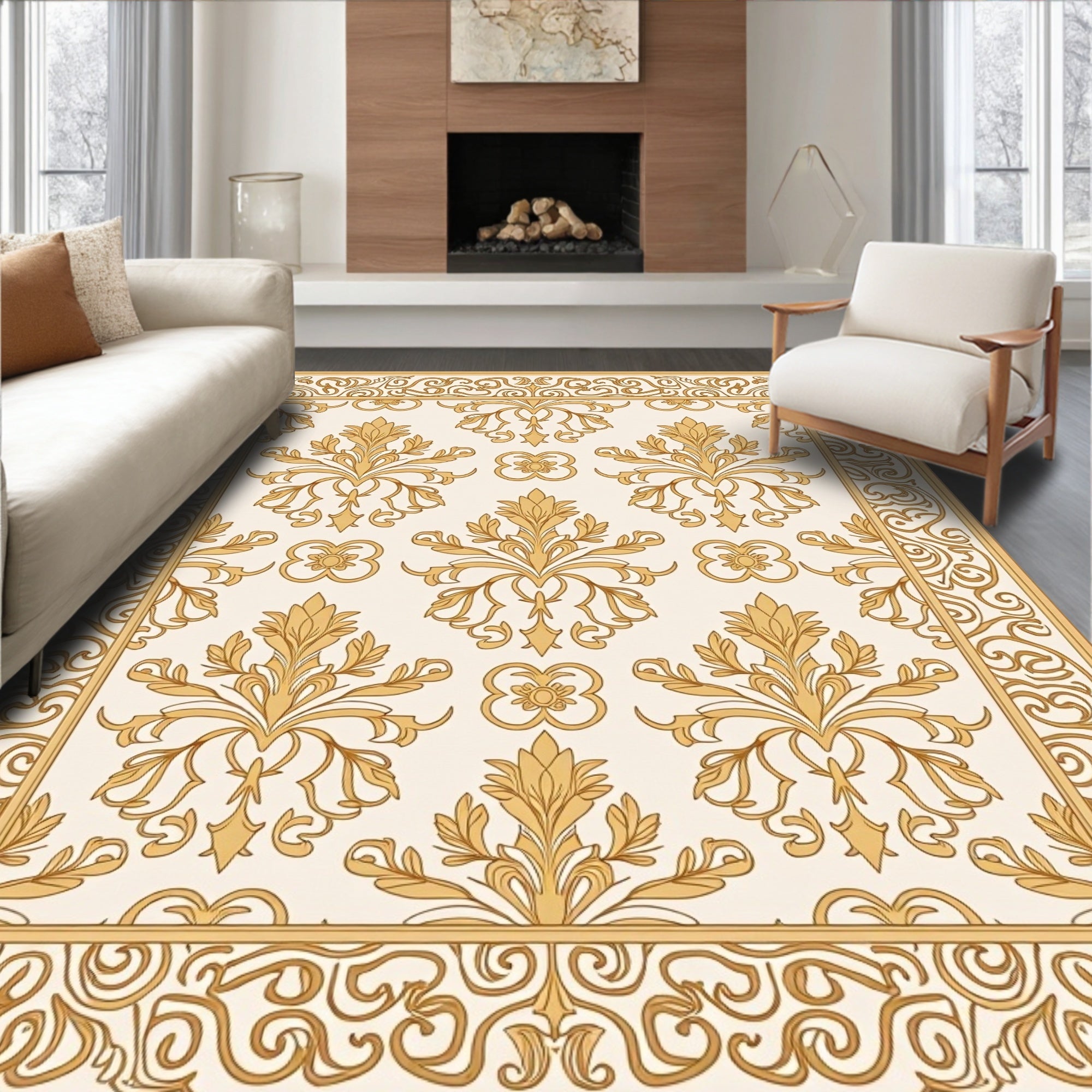 Elegant Gold Damask Scroll Pattern Rug