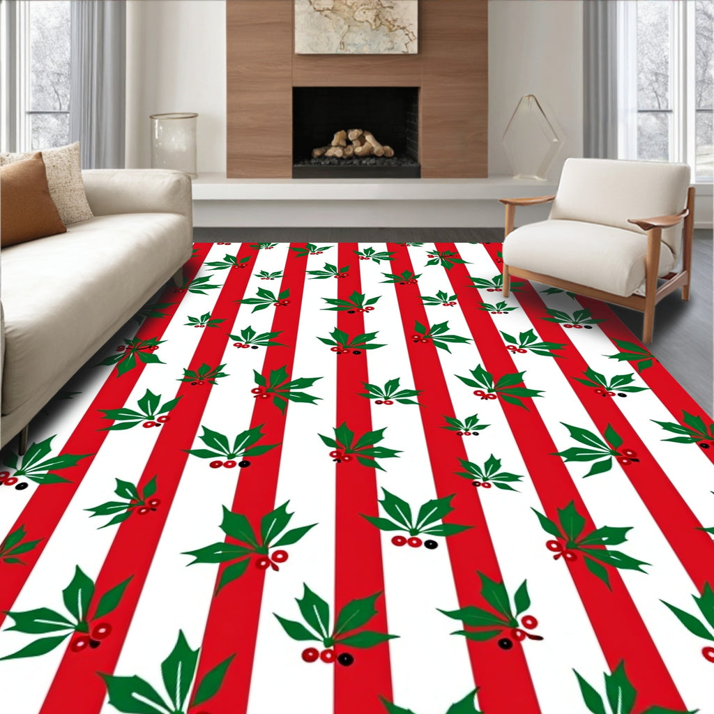 Red White Stripe Holly Berry Garland Rug