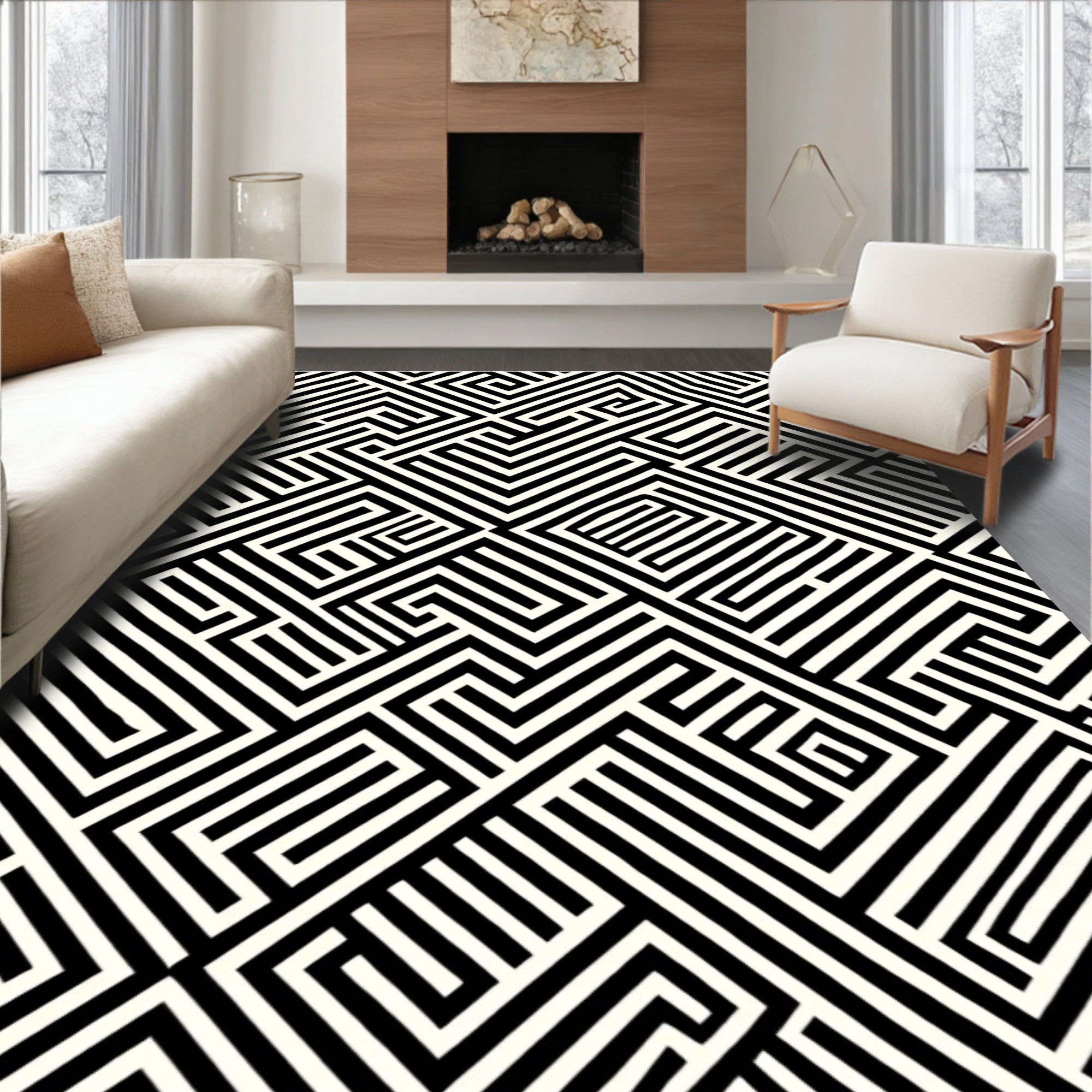 Abstract Black White Geometric Maze Design Rug