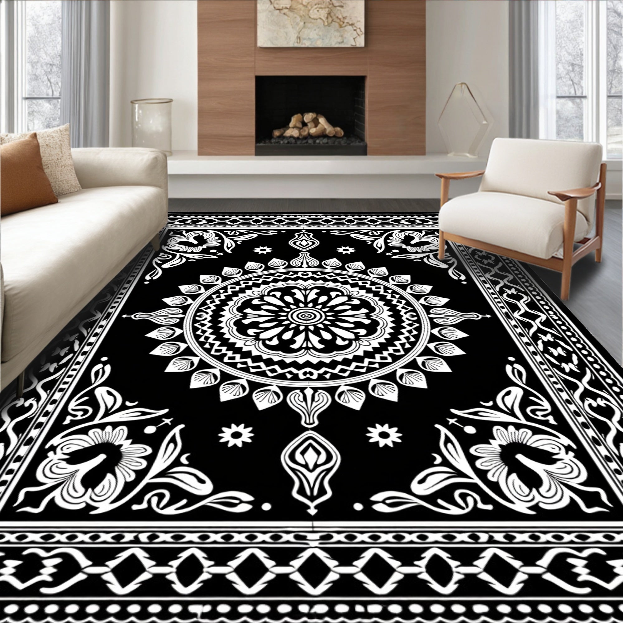 Classic Black White Floral Medallion Rug