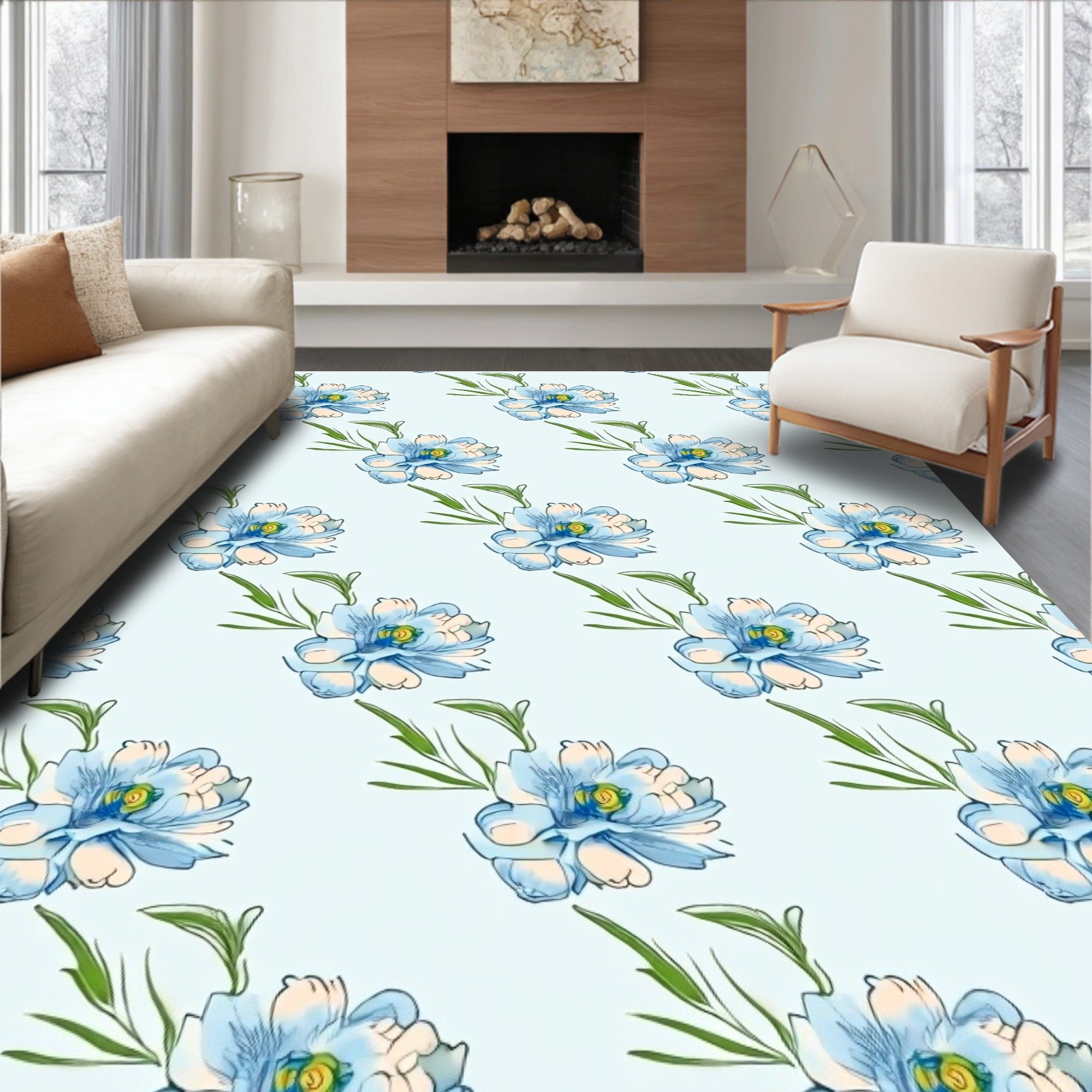 Charming Blue Floral Pattern Rug