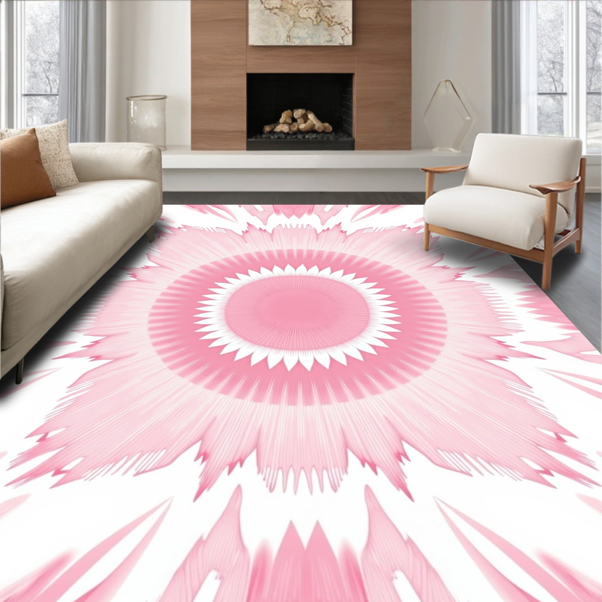 Concentric Pink Petal Kaleidoscope Design Rug