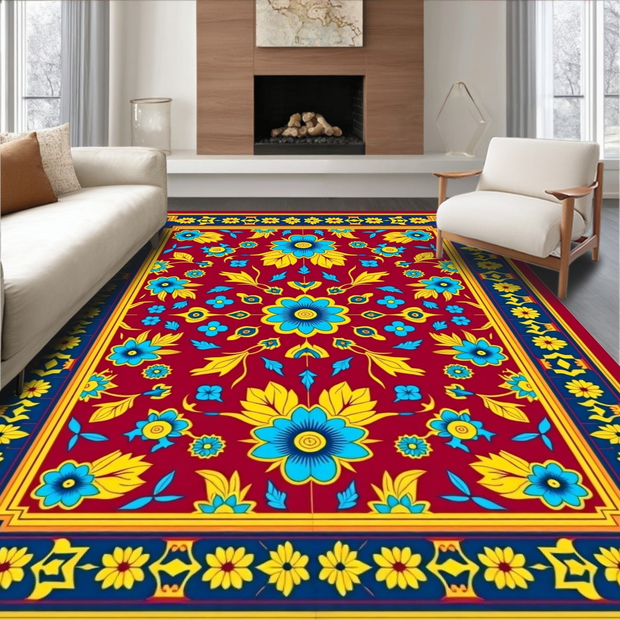 Vibrant Floral Medallion With Geometric Border Rug