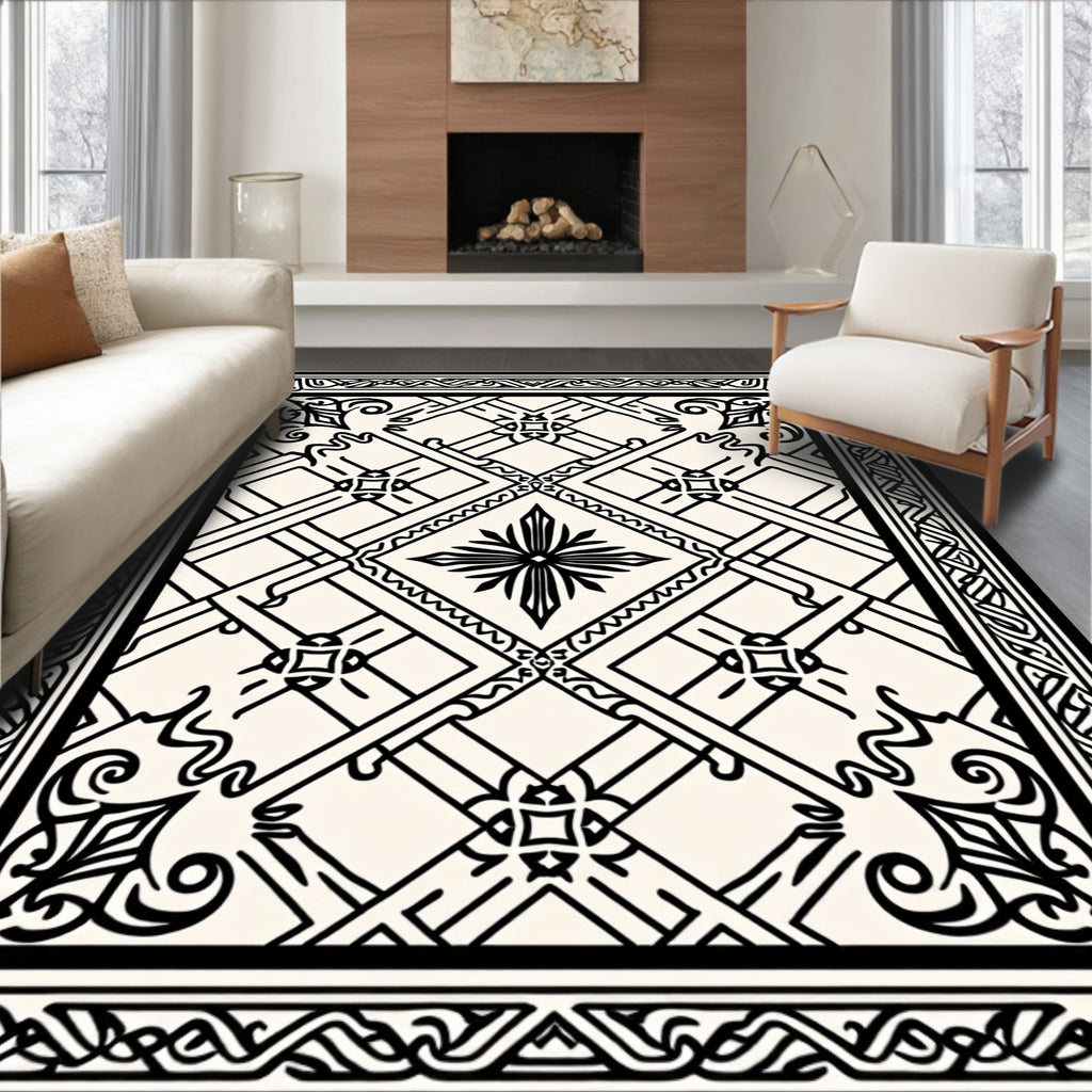 Intricate Geometric Black White Pattern Rug