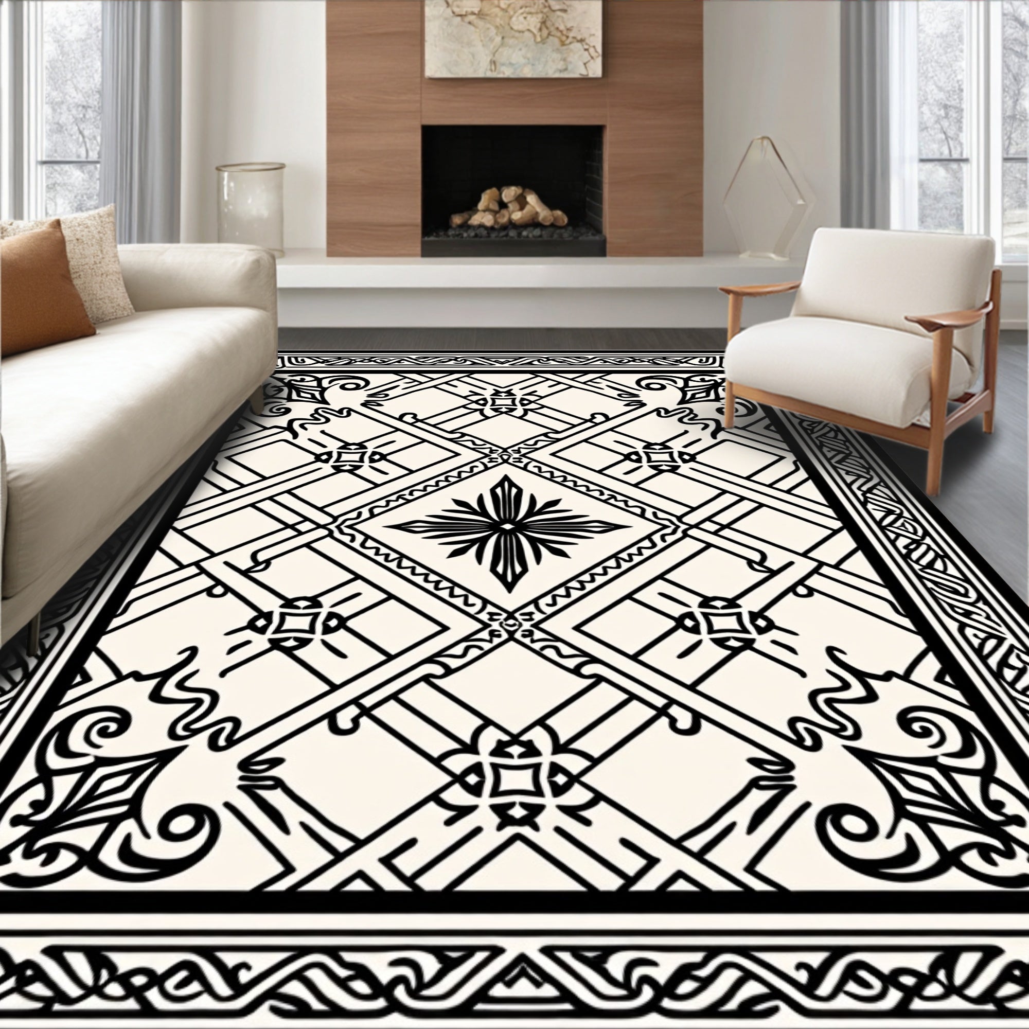 Intricate Geometric Black White Pattern Rug