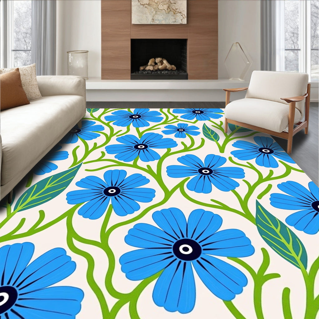 Stylized Blue Floral Vine Pattern Rug