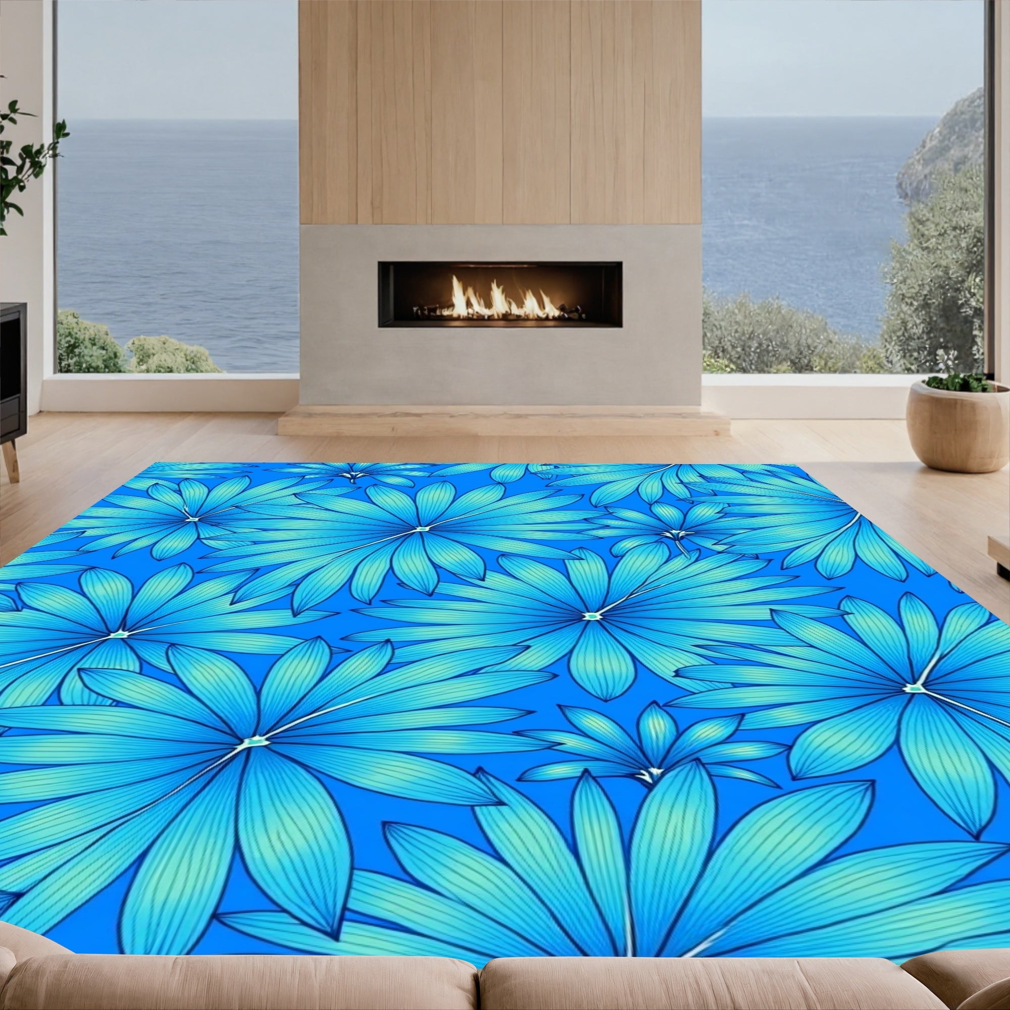 Cyan Tropical Leaf Pattern Rug