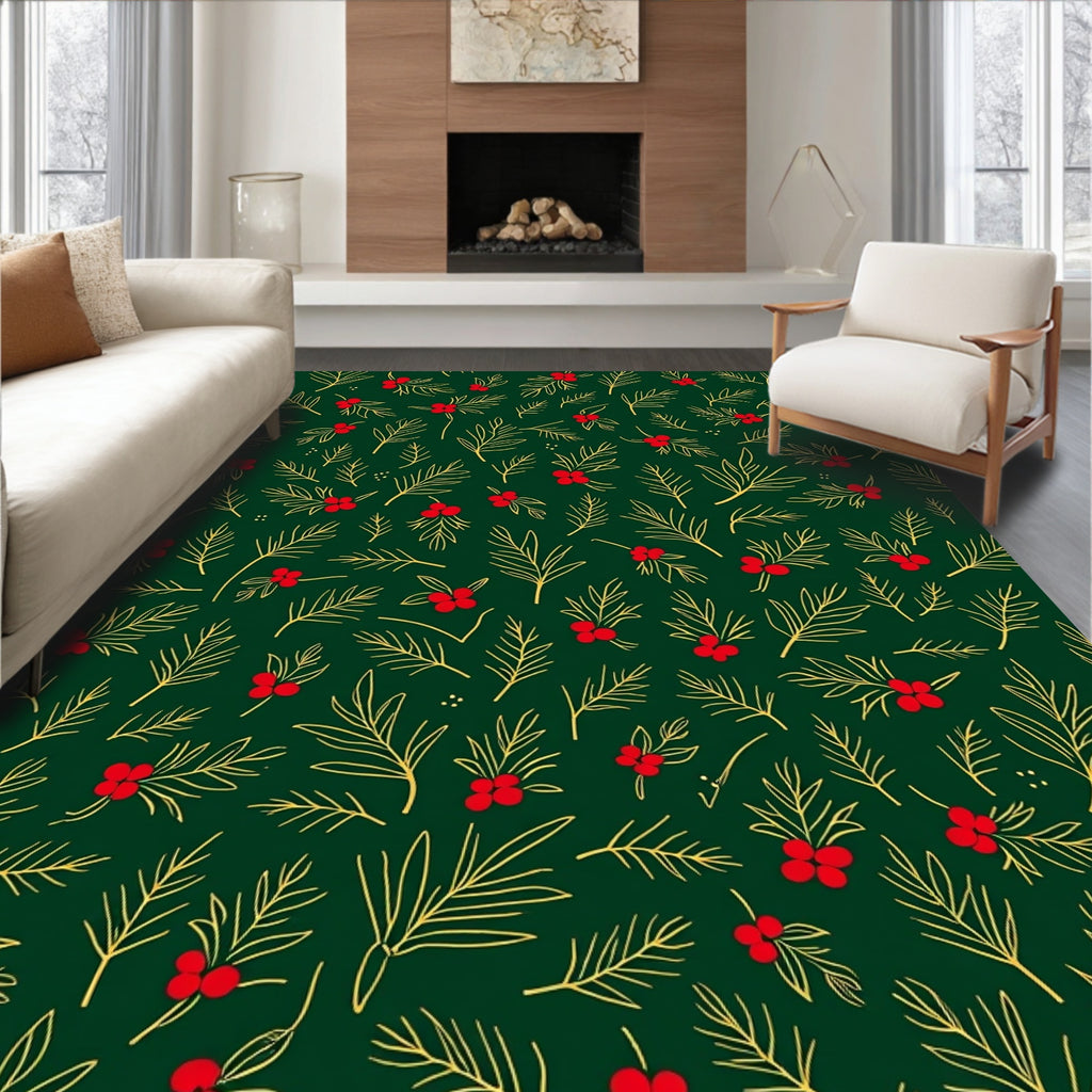 Festive Holly Berry Pine Sprig Pattern Rug