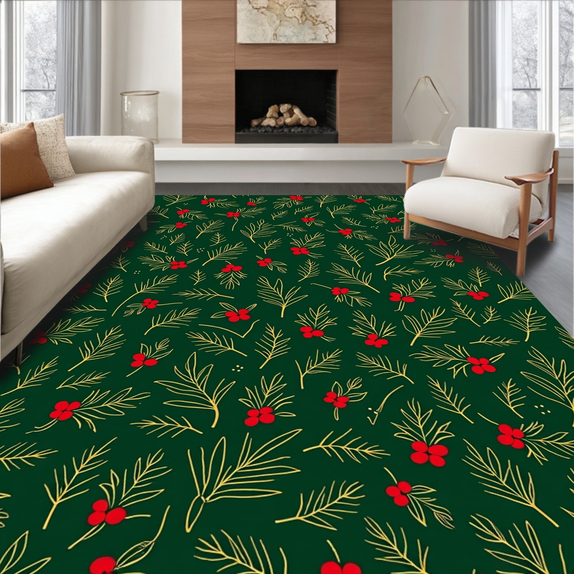 Festive Holly Berry Pine Sprig Pattern Rug