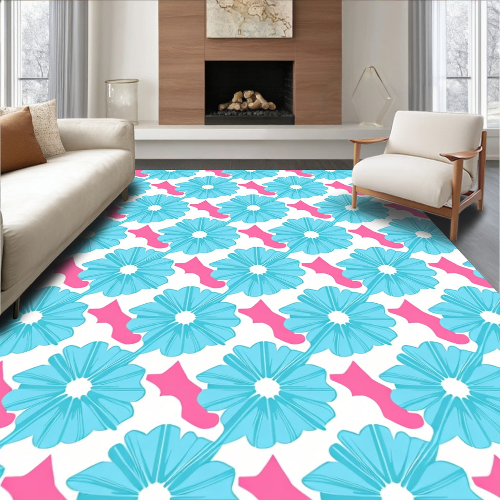 Aqua Floral Pattern With Pink Accents Rug