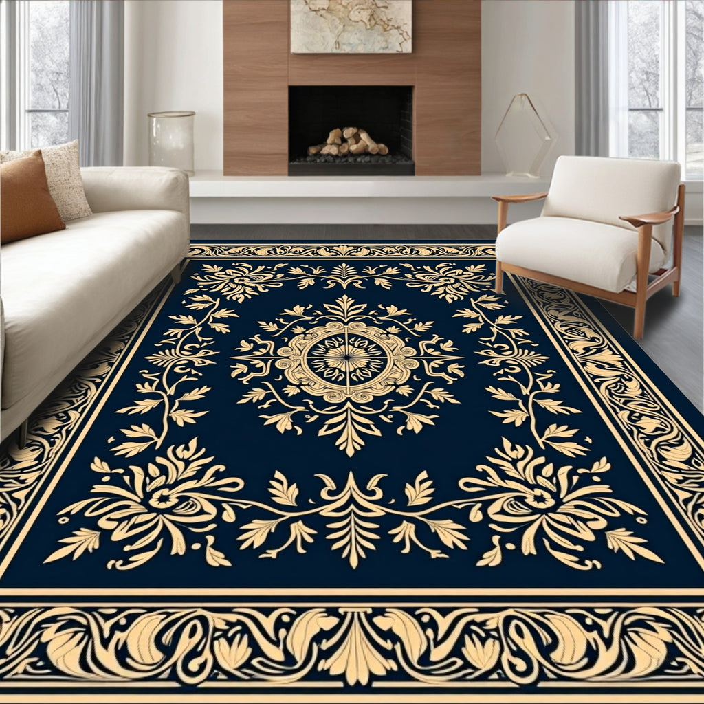 Ornate Floral Bordered Decorative Rug