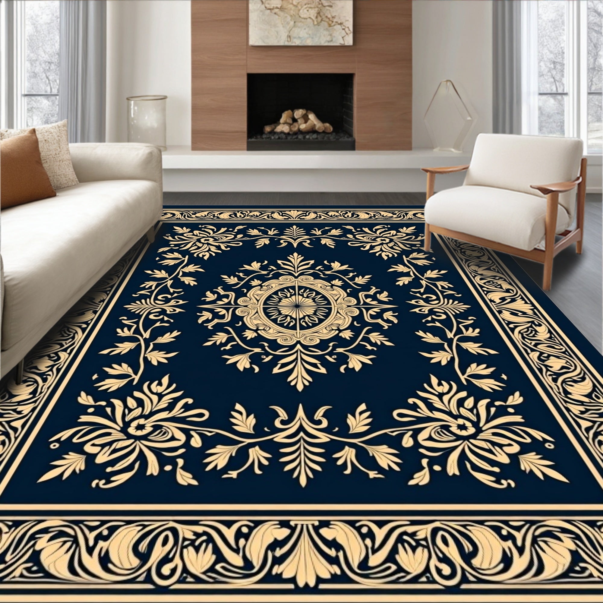 Ornate Floral Bordered Decorative Rug