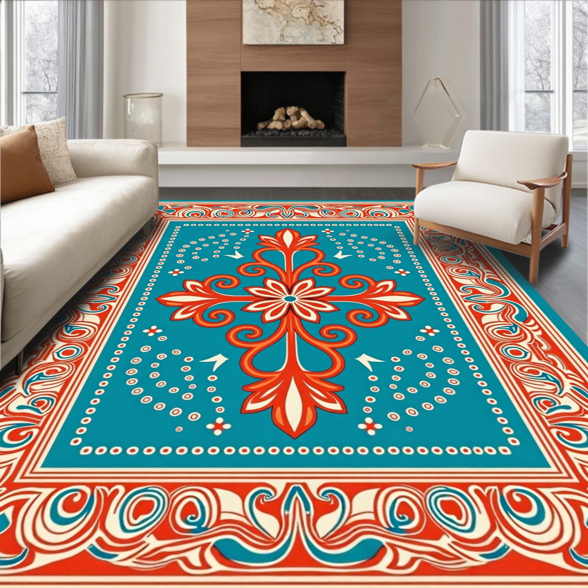Bold Floral Scrollwork Teal Orange Rug