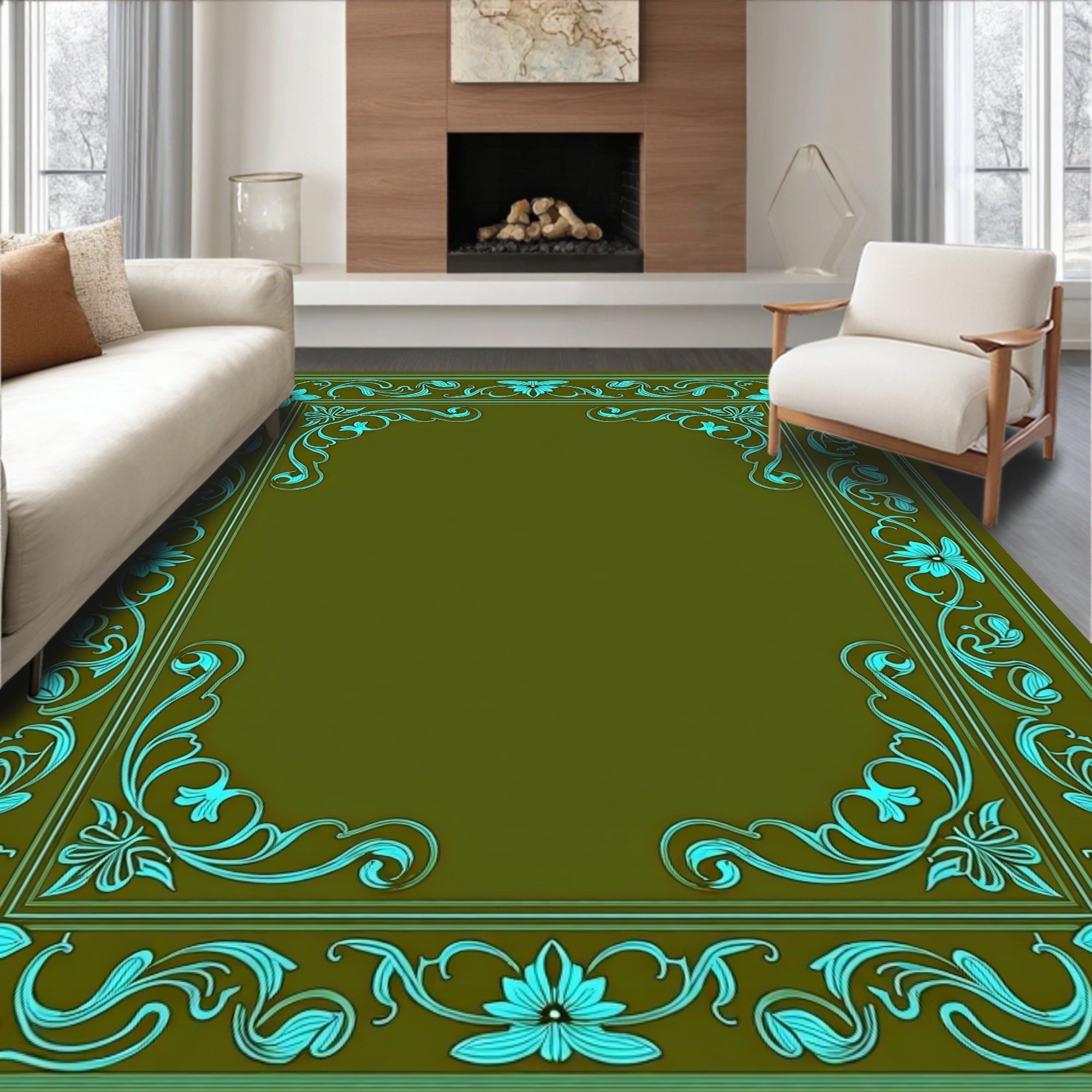 Teal Floral Vine Border Rug