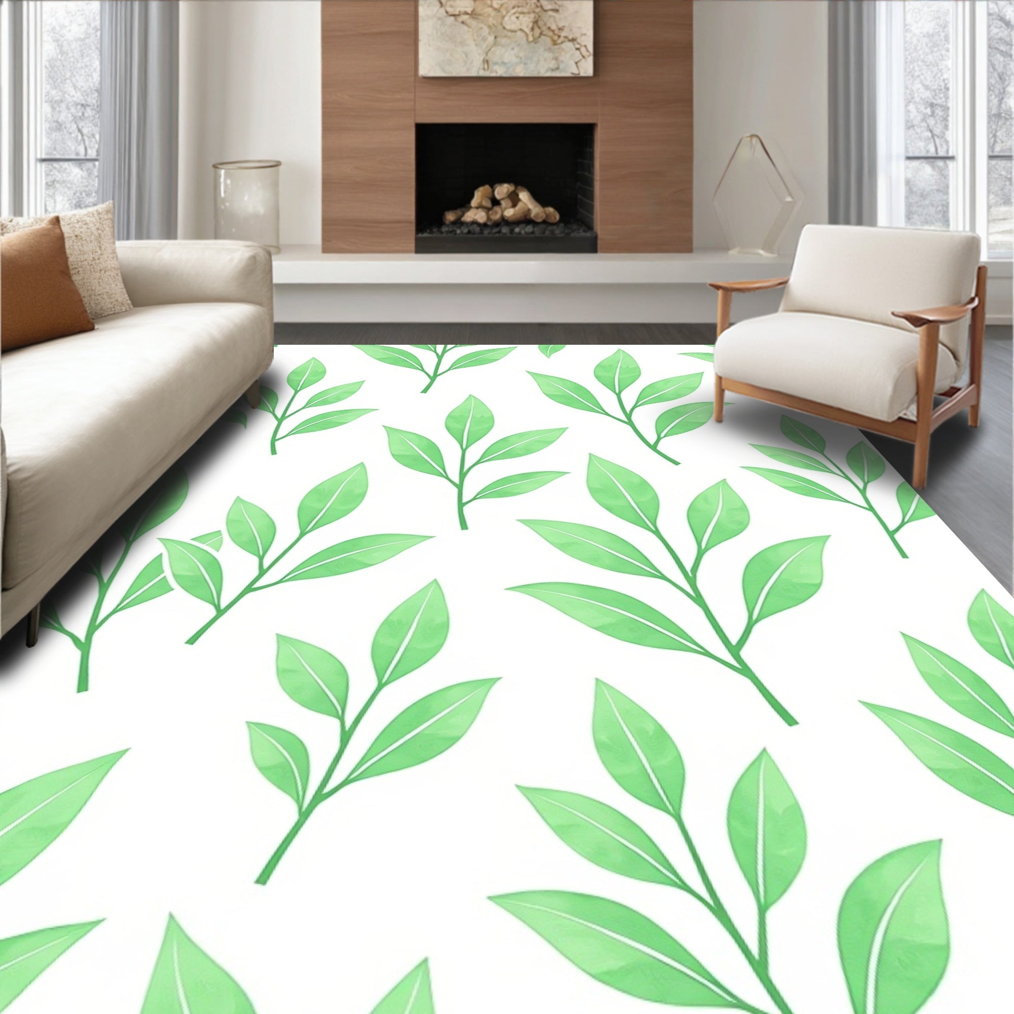 Whimsical Green Leaves Pattern Design Rug