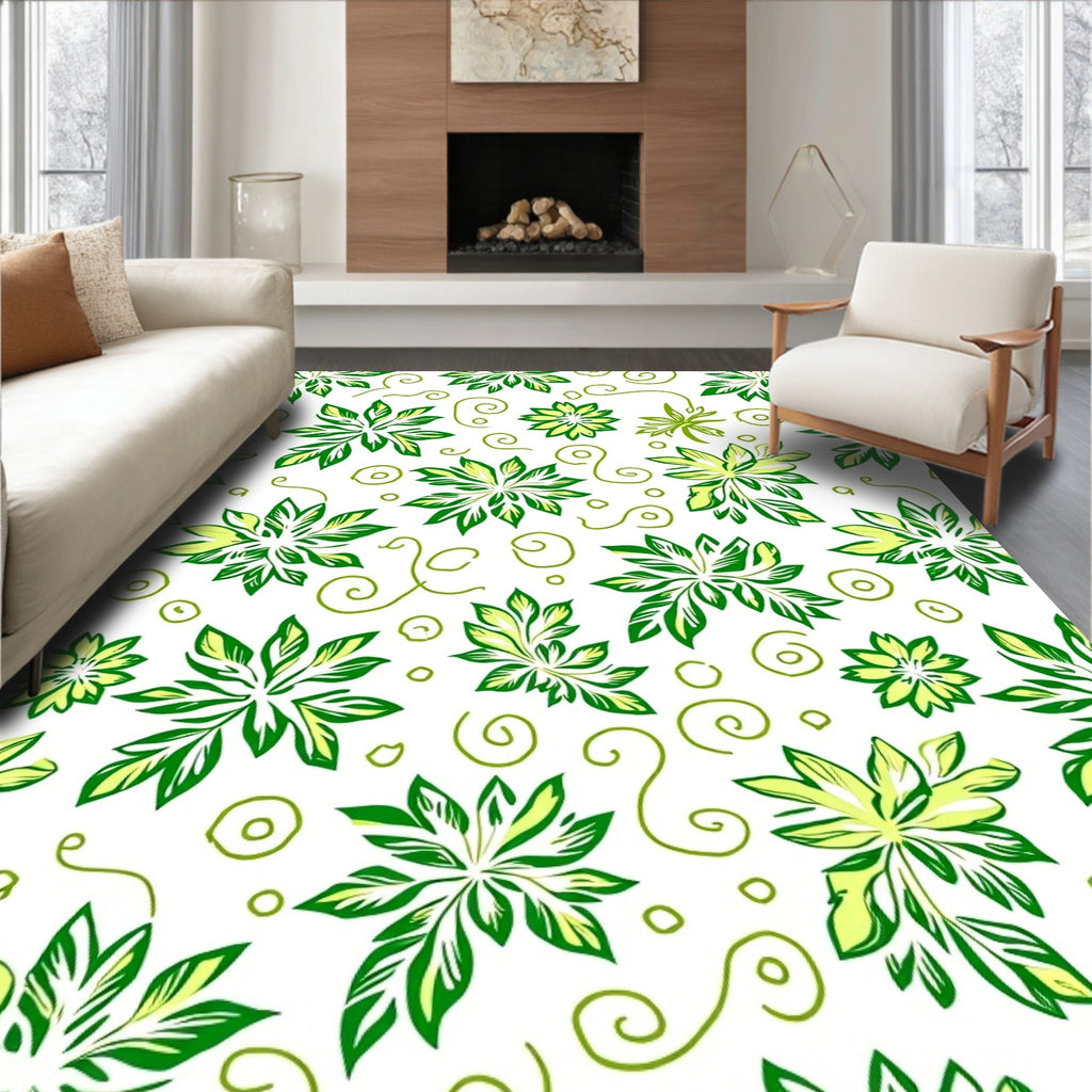 Leafy Swirls Green Floral Design Rug