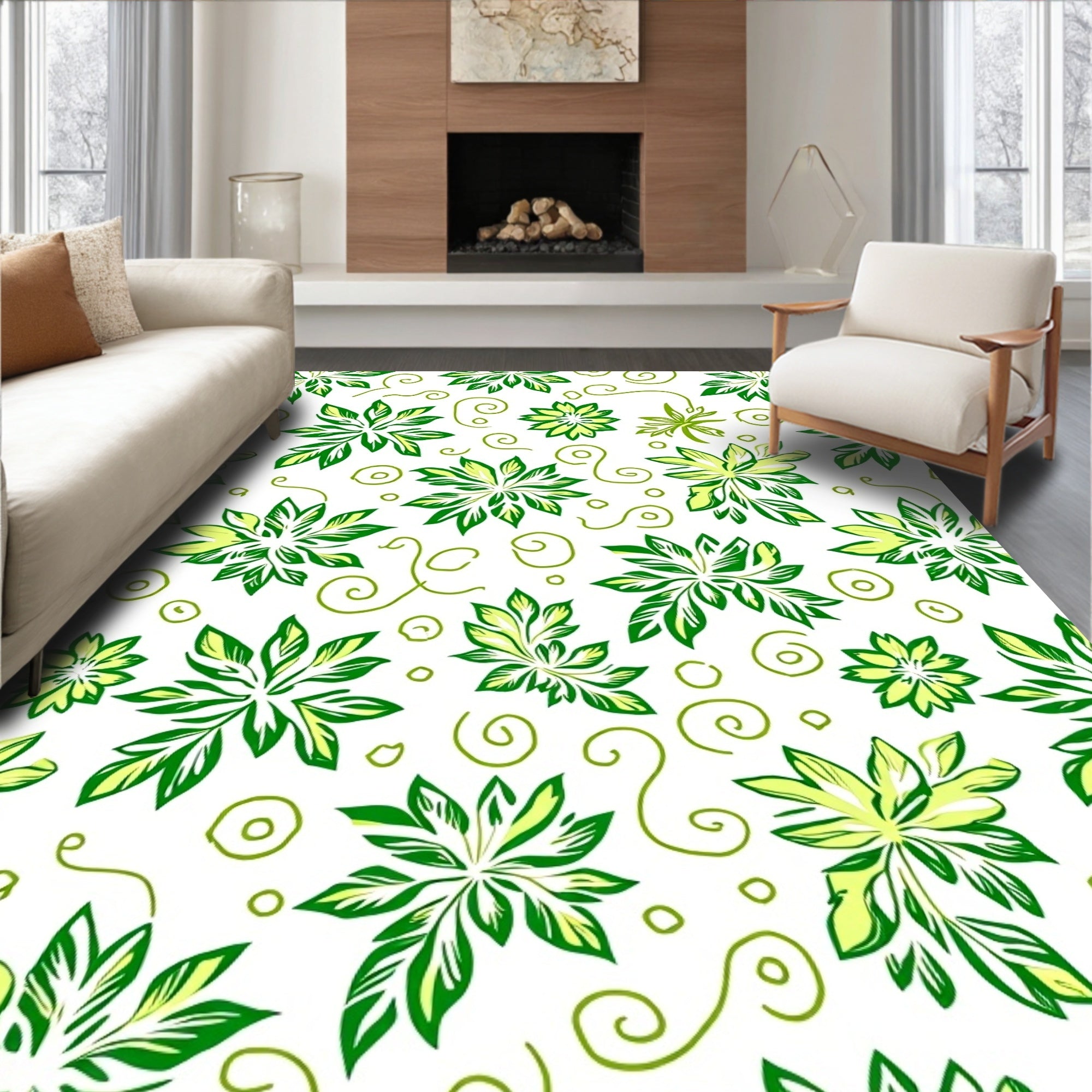 Leafy Swirls Green Floral Design Rug