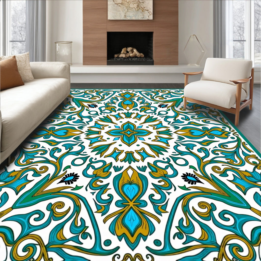 Emerald And Gold Flourish Design Rug