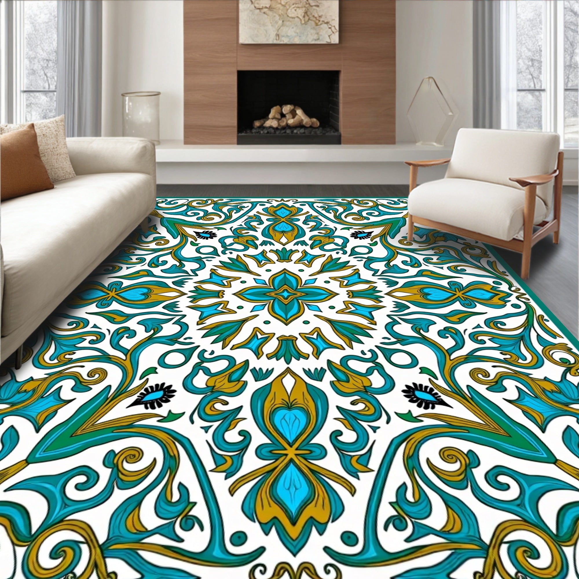 Emerald And Gold Flourish Design Rug