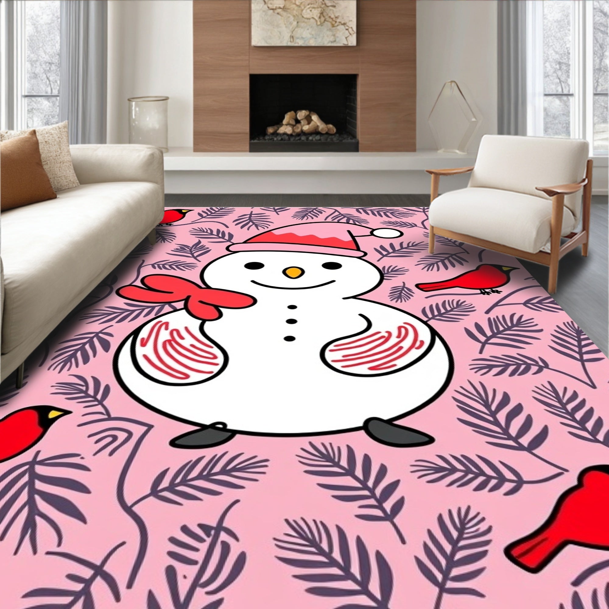 Pink Snowman Cardinal Foliage Medallion Rug