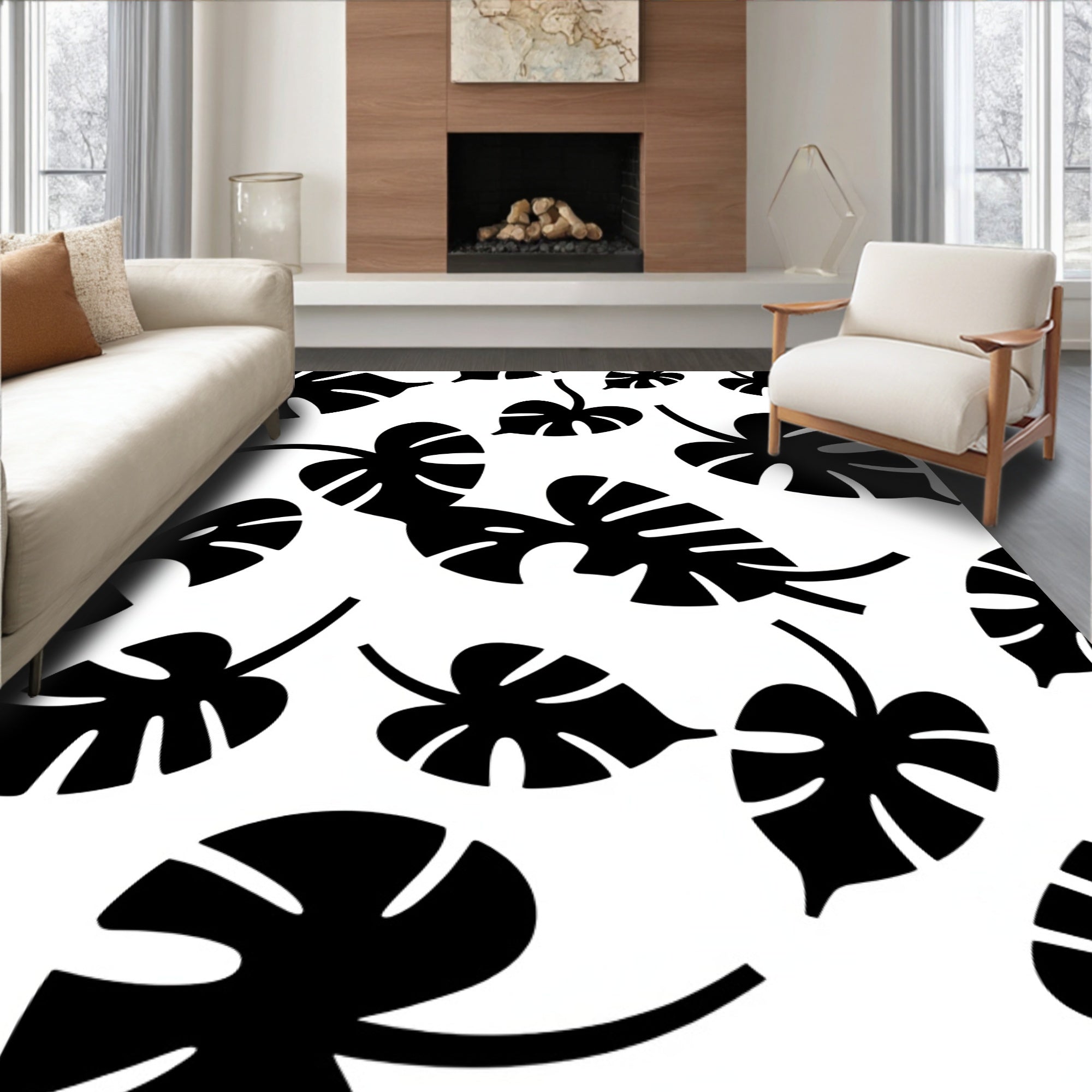 Monstera Leaf Black White Pattern Rug