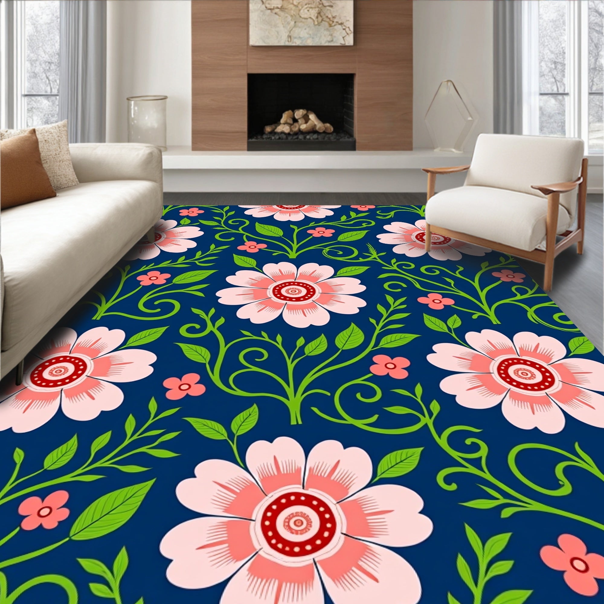 Floral Swirl Pattern Pink Flowers Rug