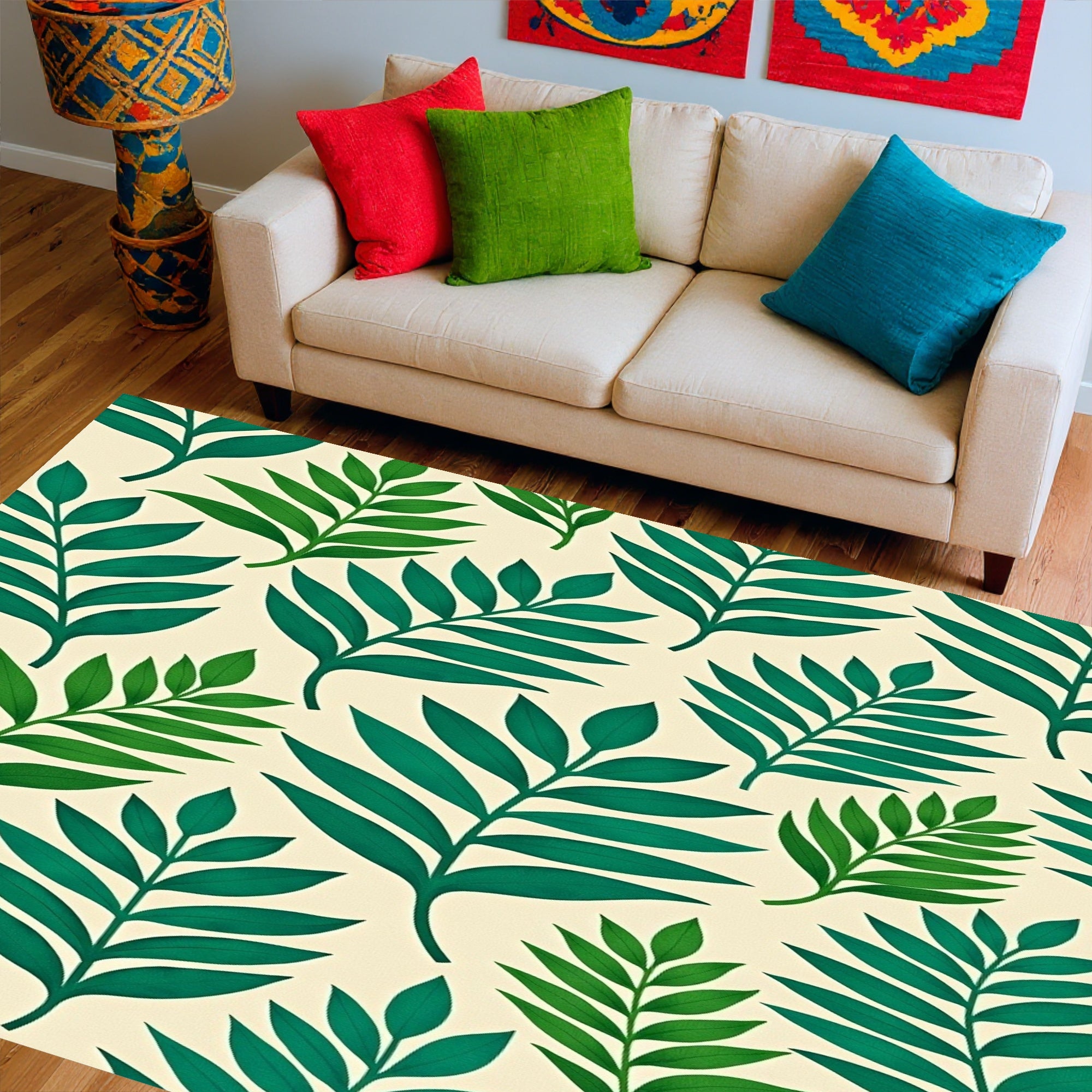 Tropical Leaf Pattern Cream Rug