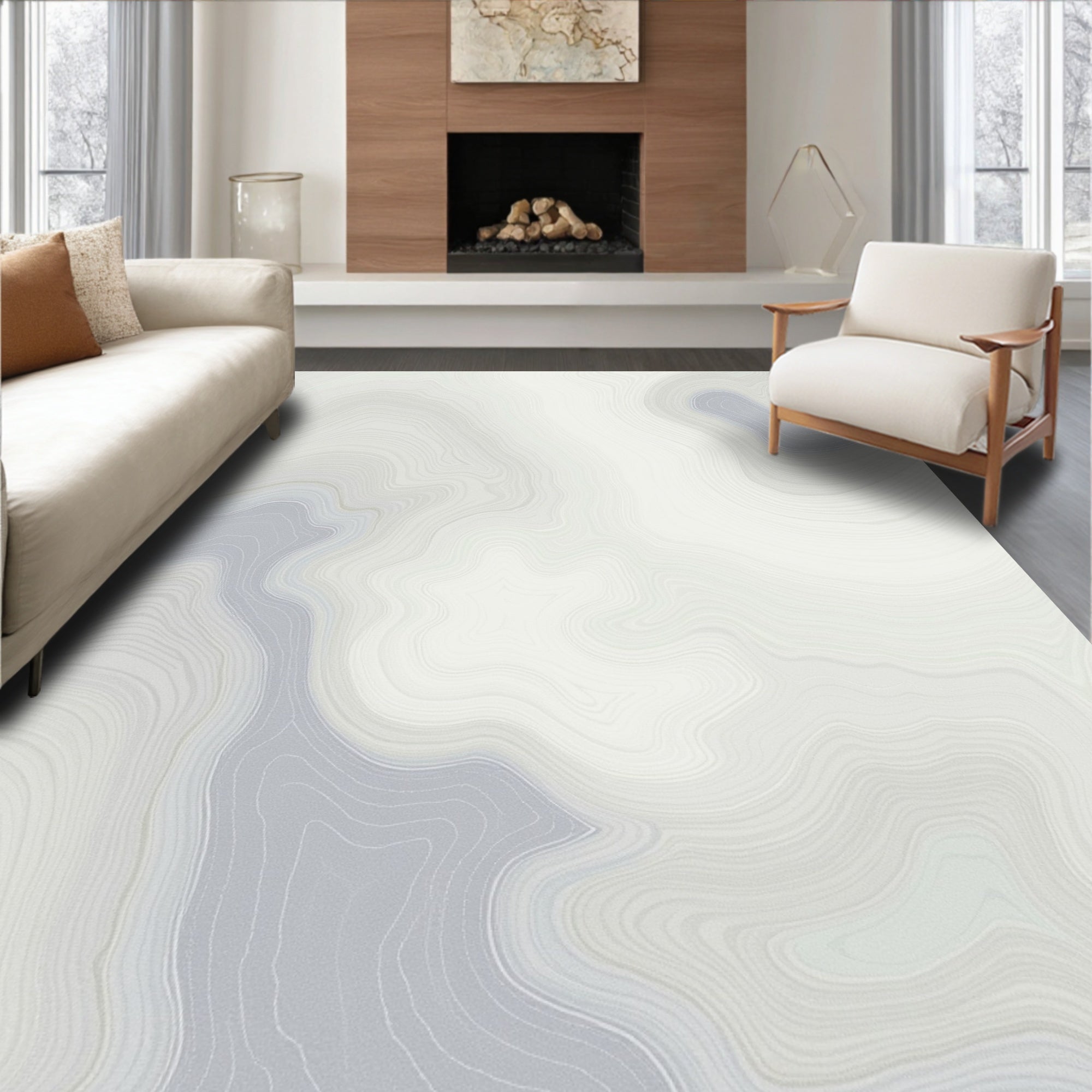 Soft Gray and White Agate Waves Rug