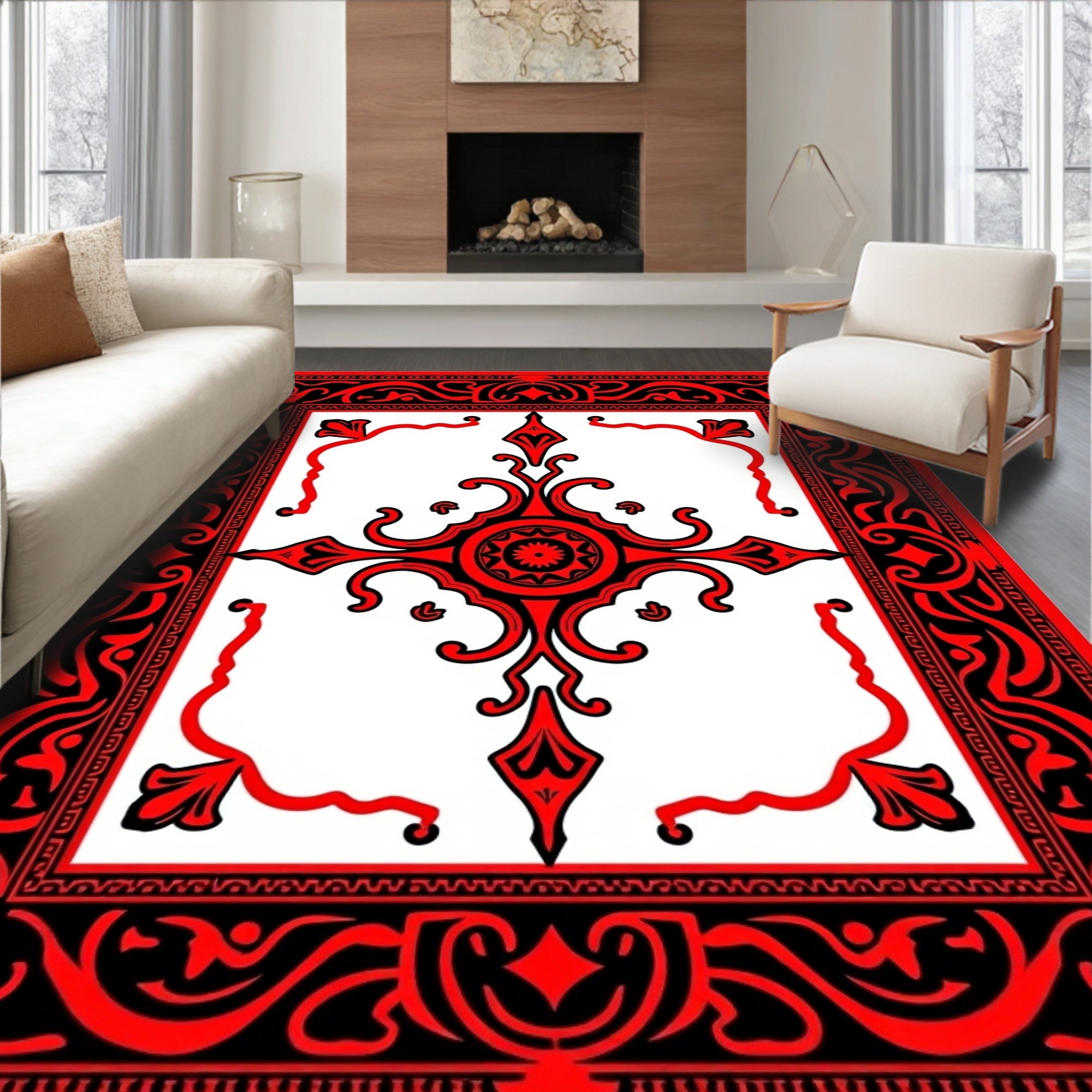 Bold Red Black Ornate Geometric Rug