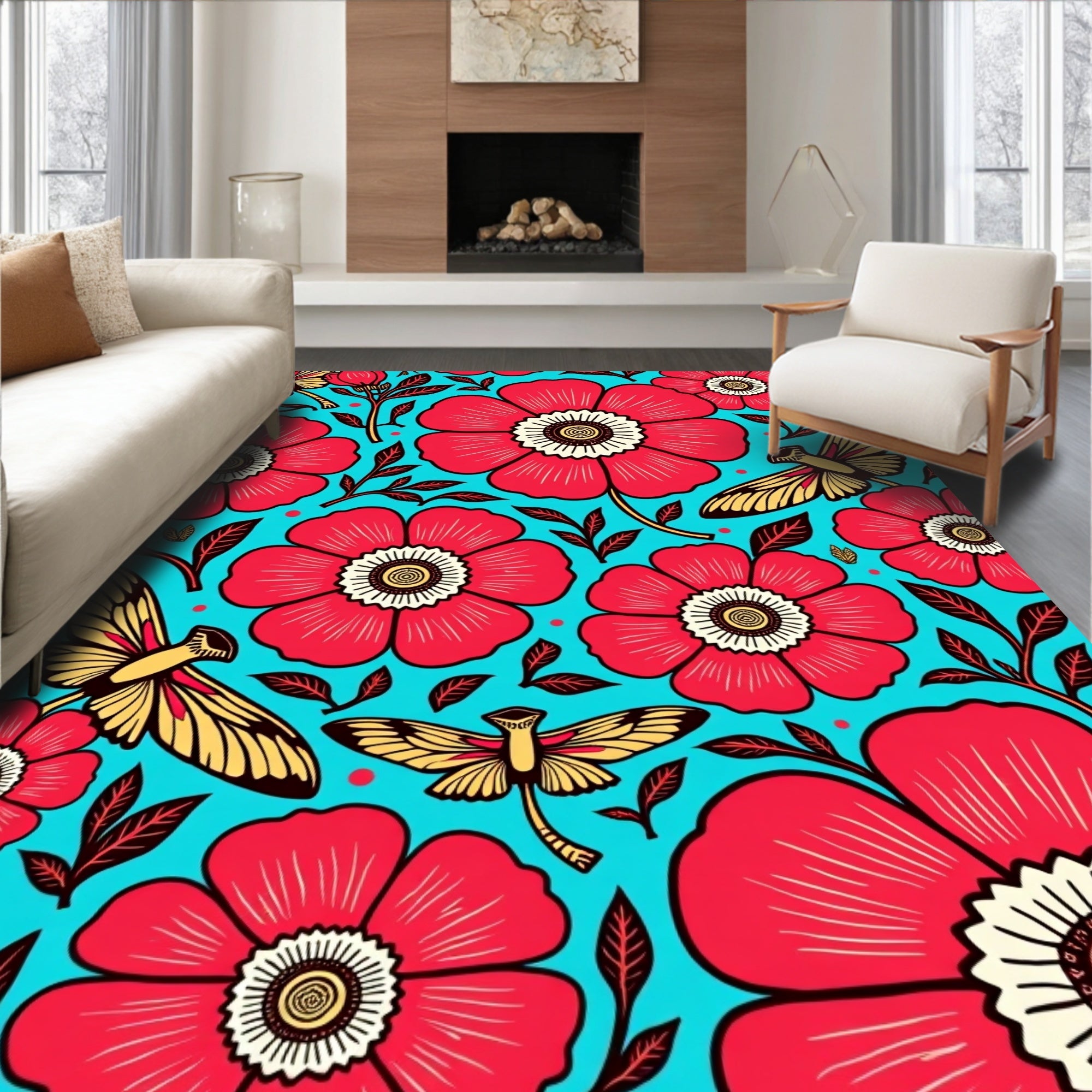 Vibrant Red Floral And Moth Design Rug