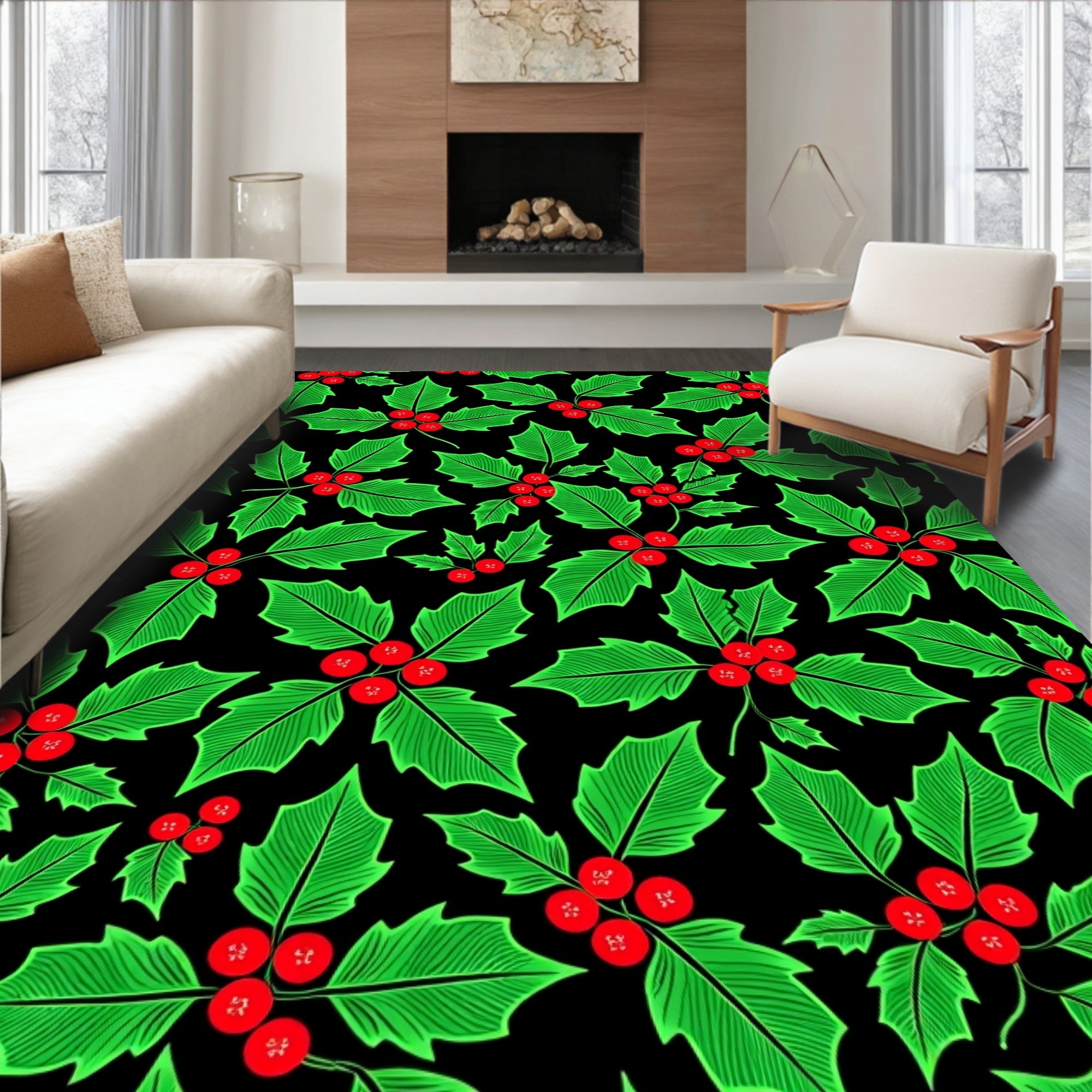 Classic Red Berry Holly Leaves Rug